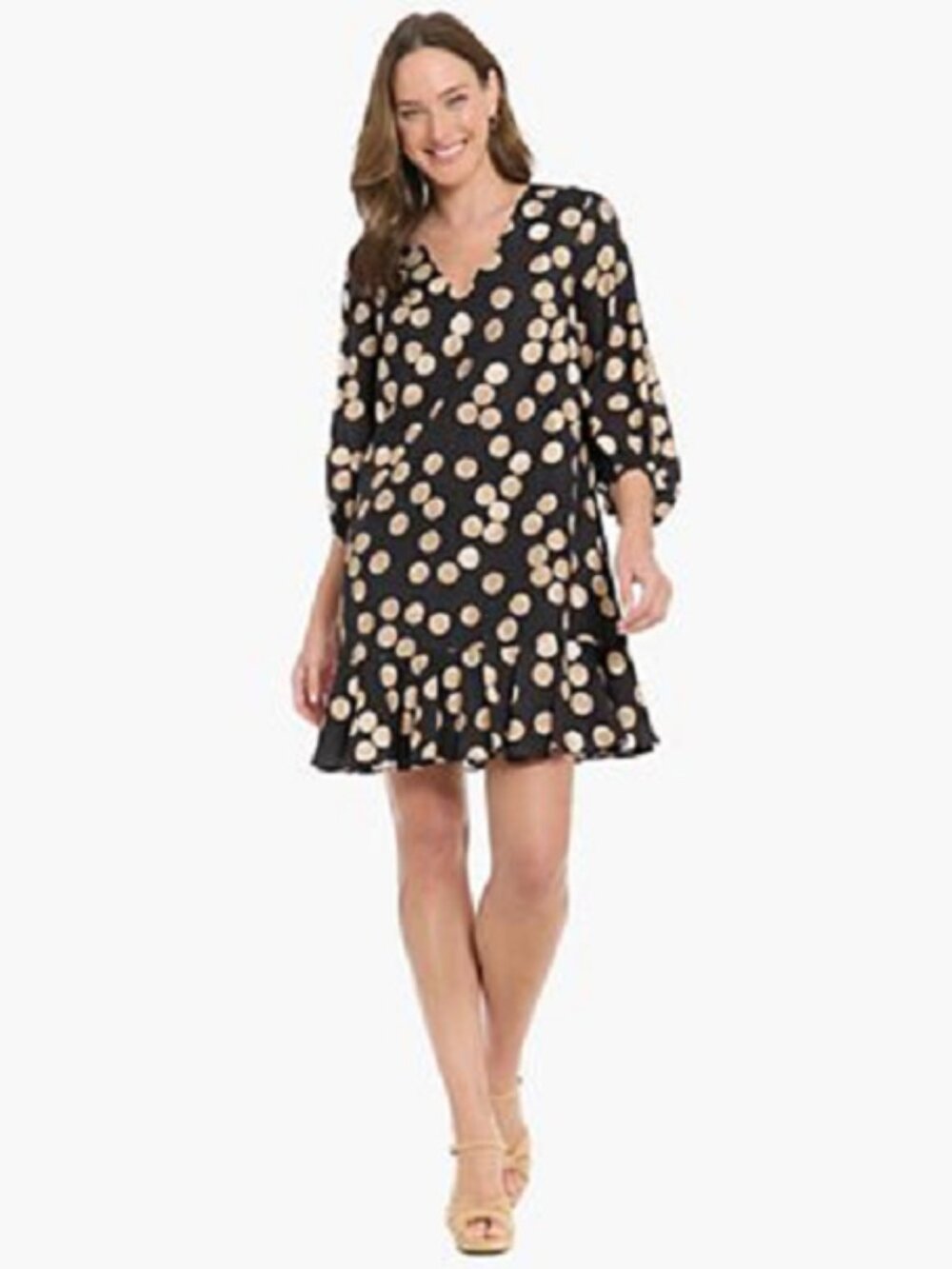 VICI Playful Navy Blue Olive Polka Dot Ruffle Bell Sleeve V-Neck Dress - Medium